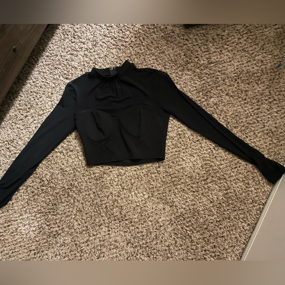 Black Crop Top with Sheer Sleeves